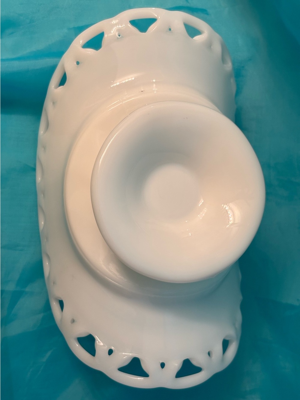 Vintage Milk Glass Reticulated Pedestal Bowl – 8.75" Lace Edge - Picture 9 of 12